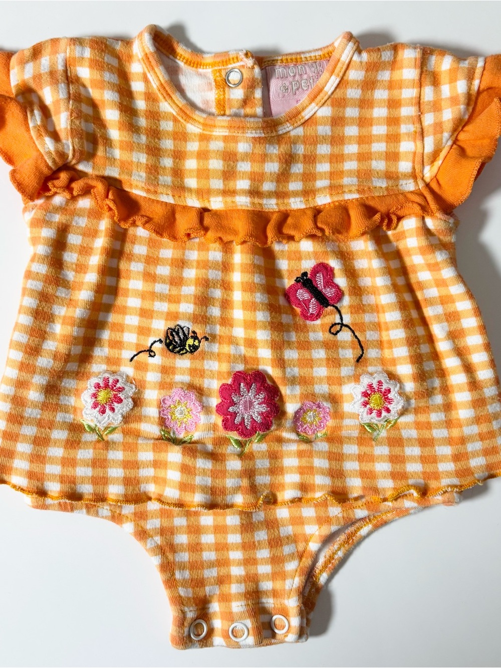 Mon Petit Orange Gingham Embroidered
Floral Baby Bodysuit Romper Ruffles Summer